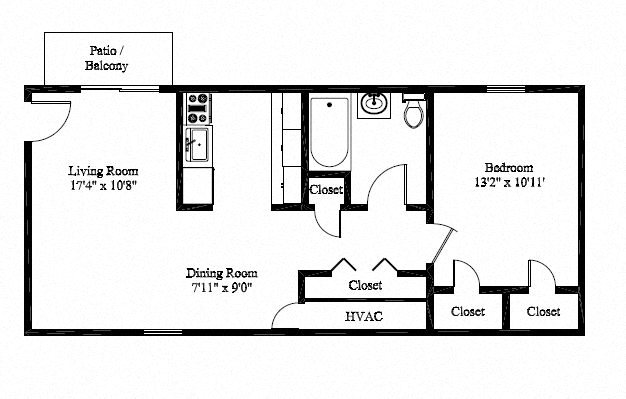 Floor plan for 1 bed, 1 bath